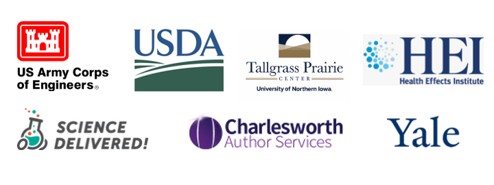 Logos for U.S. Army Corps of Engineers, USDA, Tallgrass Prairie Center, Health Effects Institute, Science Delivered, Charlesworth Author Services, Yale
